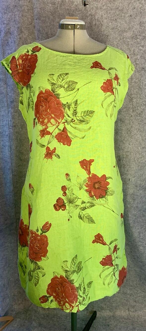Italian 100% Linen Shift Dress Size XL Lime Green Large Rose Print Cottagecore